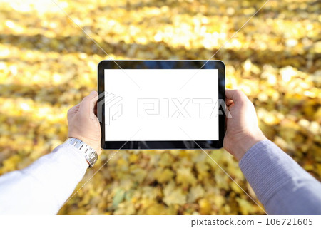 Man in pakr hold digital tablet pc with blank screen 106721605