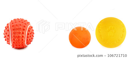 Bright dog balls isolated on white background. Wide photo. Free space for text. Collage. Bright dog balls isolated on white background. Wide photo. Free space for text. Collage. 106721710