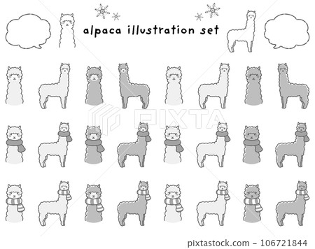 戴著圍巾（語音氣泡）的羊駝黑白插圖集 106721844
