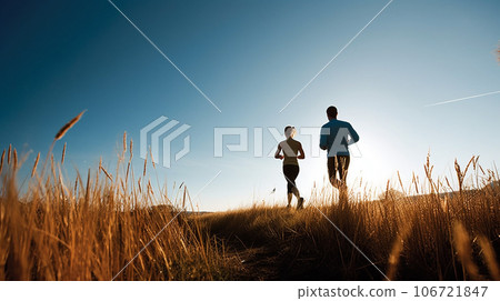 Rear silhouette of a couple running on a riverbank/road in autumn 106721847