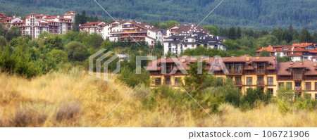 Bansko, Bulgaria summer aerial town panorama banner Bansko, Bulgaria summer aerial town panorama banner 106721906