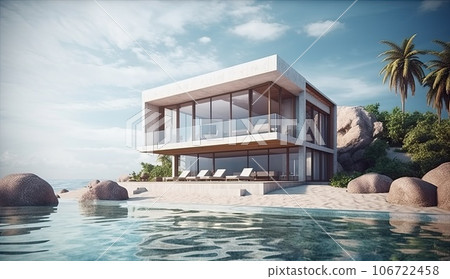 Design house - modern villa with open plan living and private bedroom wing. Large terrace with privacy and, swimming pool. Generative AI. 106722458