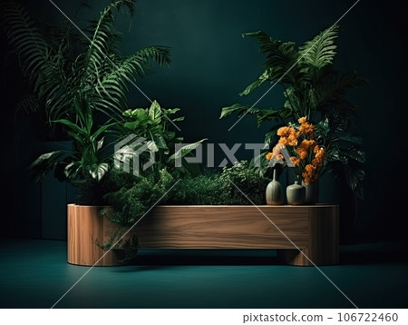 Green podium in modern tropical background for product placement 3d render. AI Generative 106722460