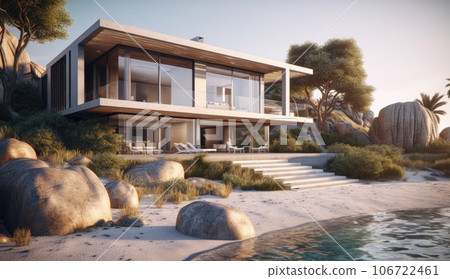 Design house - modern villa with open plan living and private bedroom wing. Large terrace with privacy and, swimming pool. Generative AI. 106722461