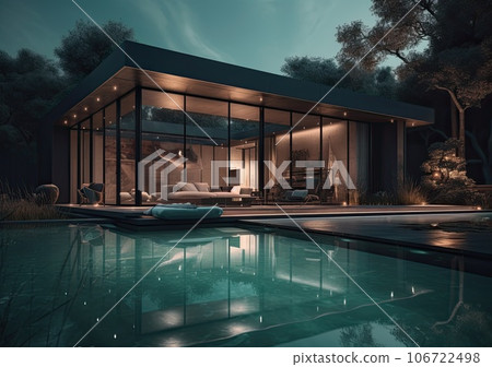 Design house - modern villa with open plan living and private bedroom wing. Large terrace with privacy and, swimming pool. Generative AI. Design house - modern villa with open plan living and private bedroom wing. Large terrace with privacy and, swimming pool. Generative AI. 106722498