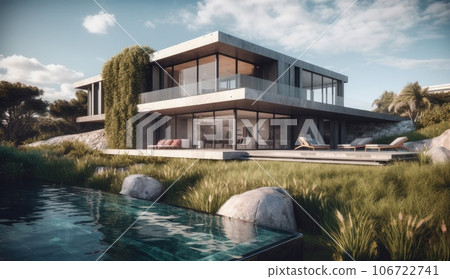 Design house - modern villa with open plan living and private bedroom wing. Large terrace with privacy and, swimming pool. Generative AI. Design house - modern villa with open plan living and private bedroom wing. Large terrace with privacy and, swimming pool. Generative AI. 106722741