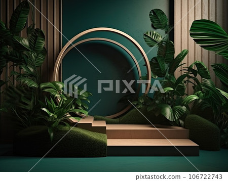 Green podium in modern tropical background for product placement 3d render. AI Generative 106722743