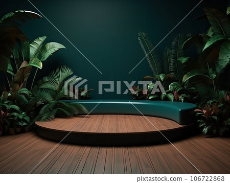 Green podium in modern tropical background for product placement 3d render. AI Generative Green podium in modern tropical background for product placement 3d render. AI Generative 106722868
