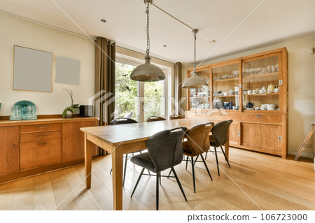 a dining room with wooden furniture and an open door that leads to the outside patio, which has been used for several years a dining room with wooden furniture and an open door that leads to the outside patio, which has been used for several years 106723000