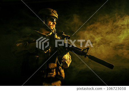 Bearded special forces soldier in the smoke 106723038