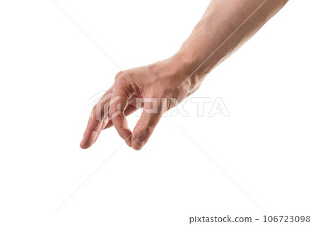 Man hand pick something with fingers isolated on white Man hand pick something with fingers isolated on white 106723098