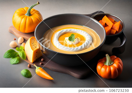 Pumpkin soup, top view. copy space. Seasonal autumn dish - pumpkin soup-puree with croutons and seeds. 106723230
