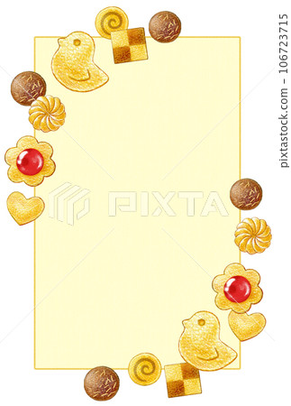 Colored pencil drawing postcard template of many types of cookies 106723715