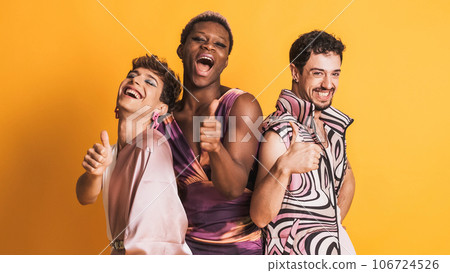 Three trans men gesturing to be fine with the thumb up on yellow Three trans men gesturing to be fine with the thumb up on yellow 106724526