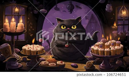 Menacing Black Cat Amid Cupcakes and Candles 106724651