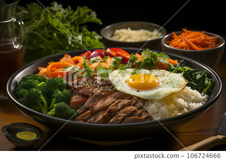 Colorful rice bowl with sauteed vegetables, meat, and egg Colorful rice bowl with sauteed vegetables, meat, and egg 106724666