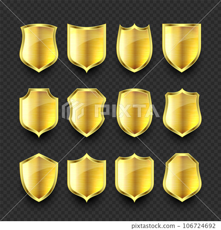 Set of various vintage 3d metal shield icons. Shiny golden heraldic shields. Black protection and security symbol, label. Vector illustration Set of various vintage 3d metal shield icons. Shiny golden heraldic shields. Black protection and security symbol, label. Vector illustration 106724692
