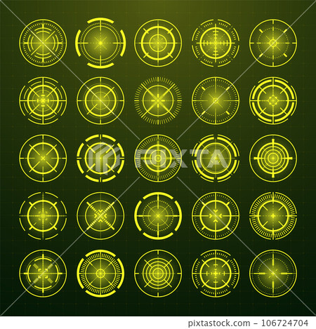 Crosshair, gun sight vector icons. Bullseye, black target or aim symbol. Military rifle scope, shooting mark sign. Targeting, aiming for a shot. Archery, hunting and sports shooting. Game UI element. 106724704