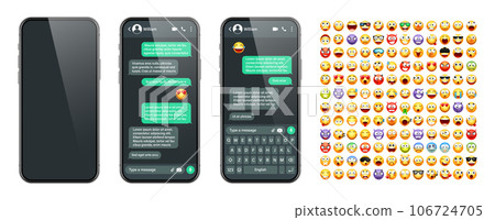 Smartphone messaging app, user interface with emoji. SMS text frame. Chat screen, green message bubbles. Texting app for communication. Social media application. Dark mode. Vector illustration Smartphone messaging app, user interface with emoji. SMS text frame. Chat screen, green message bubbles. Texting app for communication. Social media application. Dark mode. Vector illustration 106724705