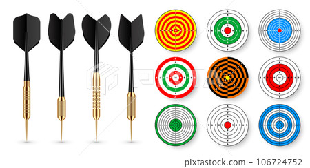 Paper targets with dart arrows and shadows. Shooting range round target, divisions, marks and numbers. Gun shooting practise and training, sport competition. Bullseye and aim. Vector illustration Paper targets with dart arrows and shadows. Shooting range round target, divisions, marks and numbers. Gun shooting practise and training, sport competition. Bullseye and aim. Vector illustration 106724752