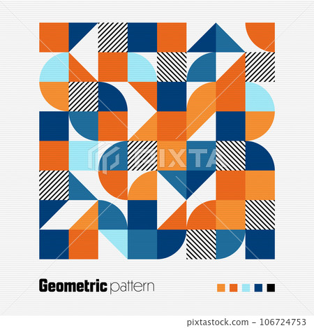 Geometric trendy pattern, Bauhaus style. Modern colorful background with simple elements. Retro texture with basic geometric shapes. Print design, minimalist poster cover. Vector illustration 106724753