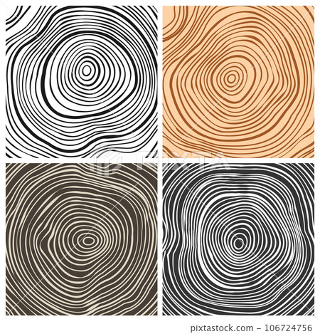 Tree trunk cut textures, pine or oak slice. Sawn timber, wood. Brown wooden texture with tree rings. Hand drawn sketch. Vector illustration 106724756