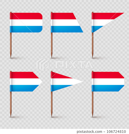 Luxembourgish toothpick flags. Souvenir from Luxembourg. Wooden toothpicks with paper flag. Location mark, map pointer. Blank mockup for advertising and promotions. Vector illustration Luxembourgish toothpick flags. Souvenir from Luxembourg. Wooden toothpicks with paper flag. Location mark, map pointer. Blank mockup for advertising and promotions. Vector illustration 106724810