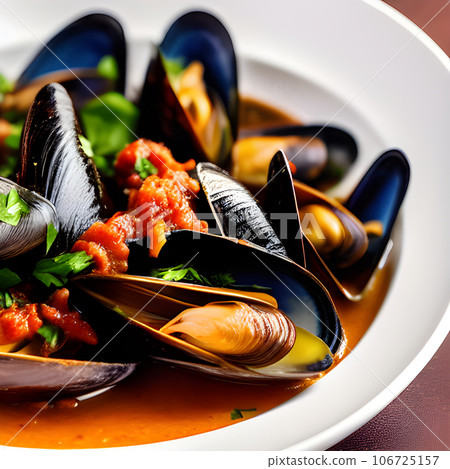 Delicious seafood mussels Sherry with Chorizo sauce and parsley, tasty food 106725157