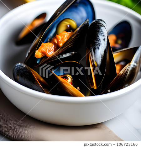 Delicious seafood mussels Sherry with Chorizo sauce and parsley, tasty food 106725166