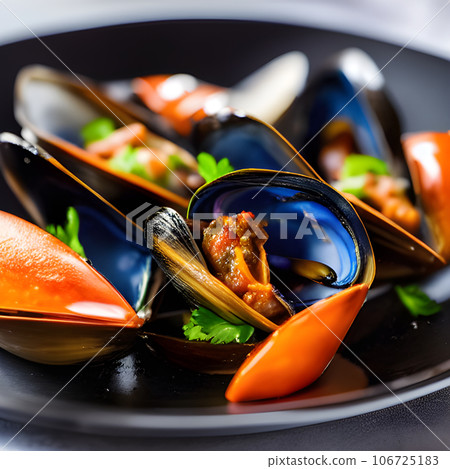 Delicious seafood mussels Sherry with Chorizo sauce and parsley, tasty food 106725183