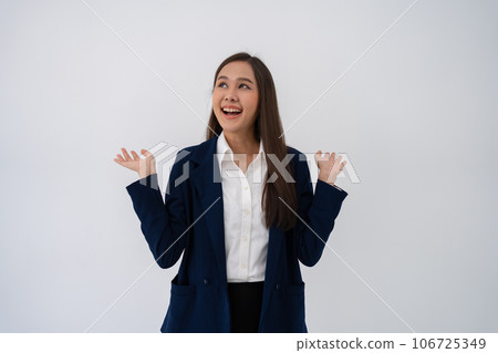 Portrait of smart and happy young thoughtful Asian business women think for new ideas on isolated white background. Concept of advertising marketing and product placement. Portrait of smart and happy young thoughtful Asian business women think for new ideas on isolated white background. Concept of advertising marketing and product placement. 106725349