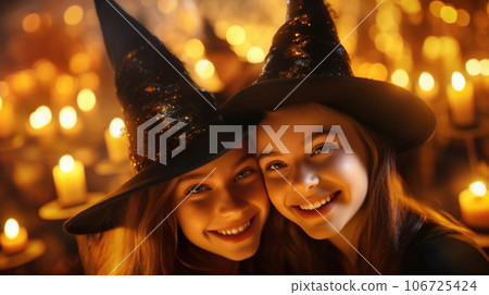 Two joyful teenage girls in witch hats celebrate Halloween 106725424
