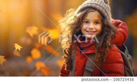 7 year old girl closeup portrait against falling golden leaves in autumn park. Generative AI 106725438