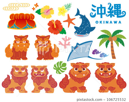 Illustrations of Okinawa (Shisa, hibiscus, whale shark, Ryukyu, coral, palm tree, national costume, culture, sea) 106725532