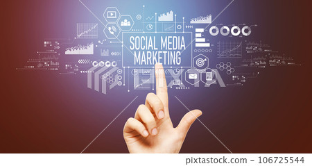 Social media marketing theme with hand pressing a button Social media marketing theme with hand pressing a button 106725544