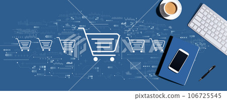 Online shopping theme with computer keyboard and office items Online shopping theme with computer keyboard and office items 106725545