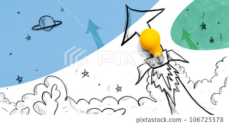Idea light bulb flying to the sky like a rocket with arrows 106725578