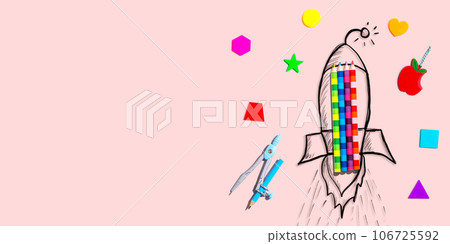 Back to school theme with a rocket with school supplies 106725592