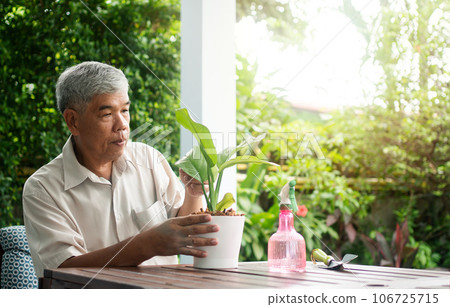 A happy and smiling Asian old elderly man is planting for a hobby after retirement in a home. Concept of a happy lifestyle and good health for seniors. 106725715