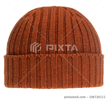 Red knit winter bobble hat isolated on white 106726111