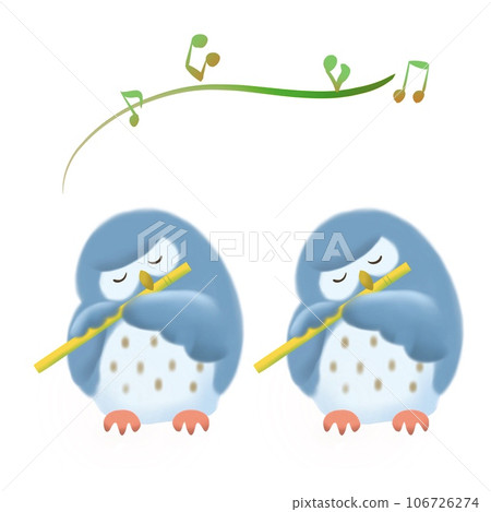 兩隻貓頭鷹吹笛子的可愛插圖 兩隻貓頭鷹吹笛子的可愛插圖 106726274