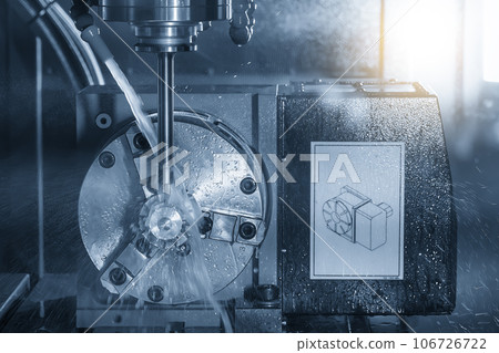 The 5-axis CNC milling machine  cutting the turbocharger part with solid ball end mill tool. 106726722