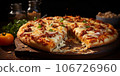 Pizza with stretching cheese on a wooden table on a black background 106726960