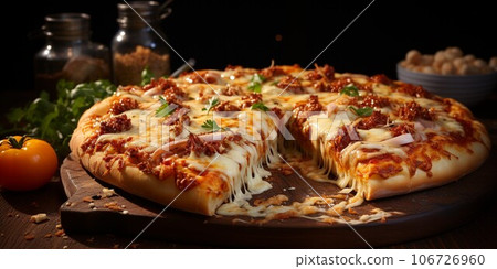 Pizza with stretching cheese on a wooden table on a black background Pizza with stretching cheese on a wooden table on a black background 106726960