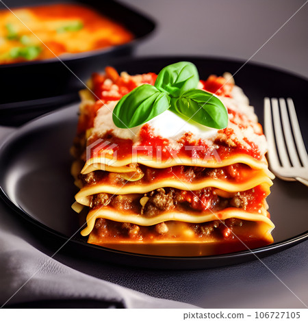 Delicious Lasagna, minced beef bolognese sauce, hot tasty Lasagna with cheese  106727105