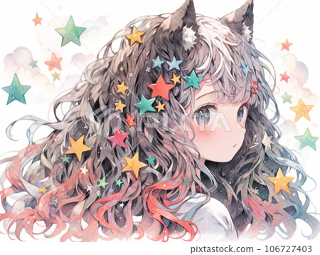 可愛的女孩，閃閃發光的星星和貓耳朵 106727403