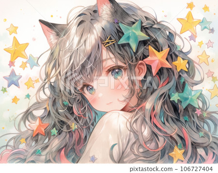 可愛的貓耳女孩,帶著閃閃發光的星星和髮夾 可愛的貓耳女孩,帶著閃閃發光的星星和髮夾 106727404