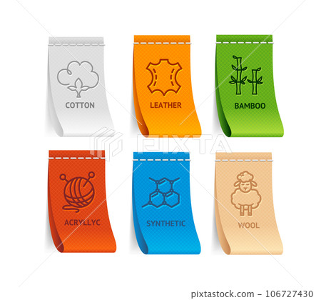 Realistic 3d Detailed Textile Labels or Badges with Different Cloth Functional Features Set. Vector Realistic 3d Detailed Textile Labels or Badges with Different Cloth Functional Features Set. Vector 106727430