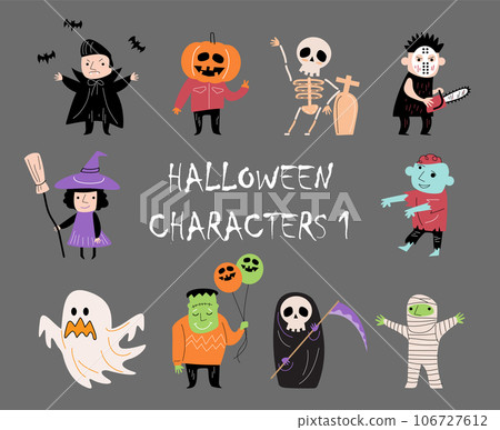 Doodle style halloween cartoon characters . Gray isolate background . Vector . Set 1 of 4 . 106727612