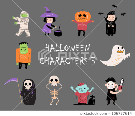 Doodle style halloween cartoon characters . Gray isolate background . Vector . Set 3 of 4 . 106727614